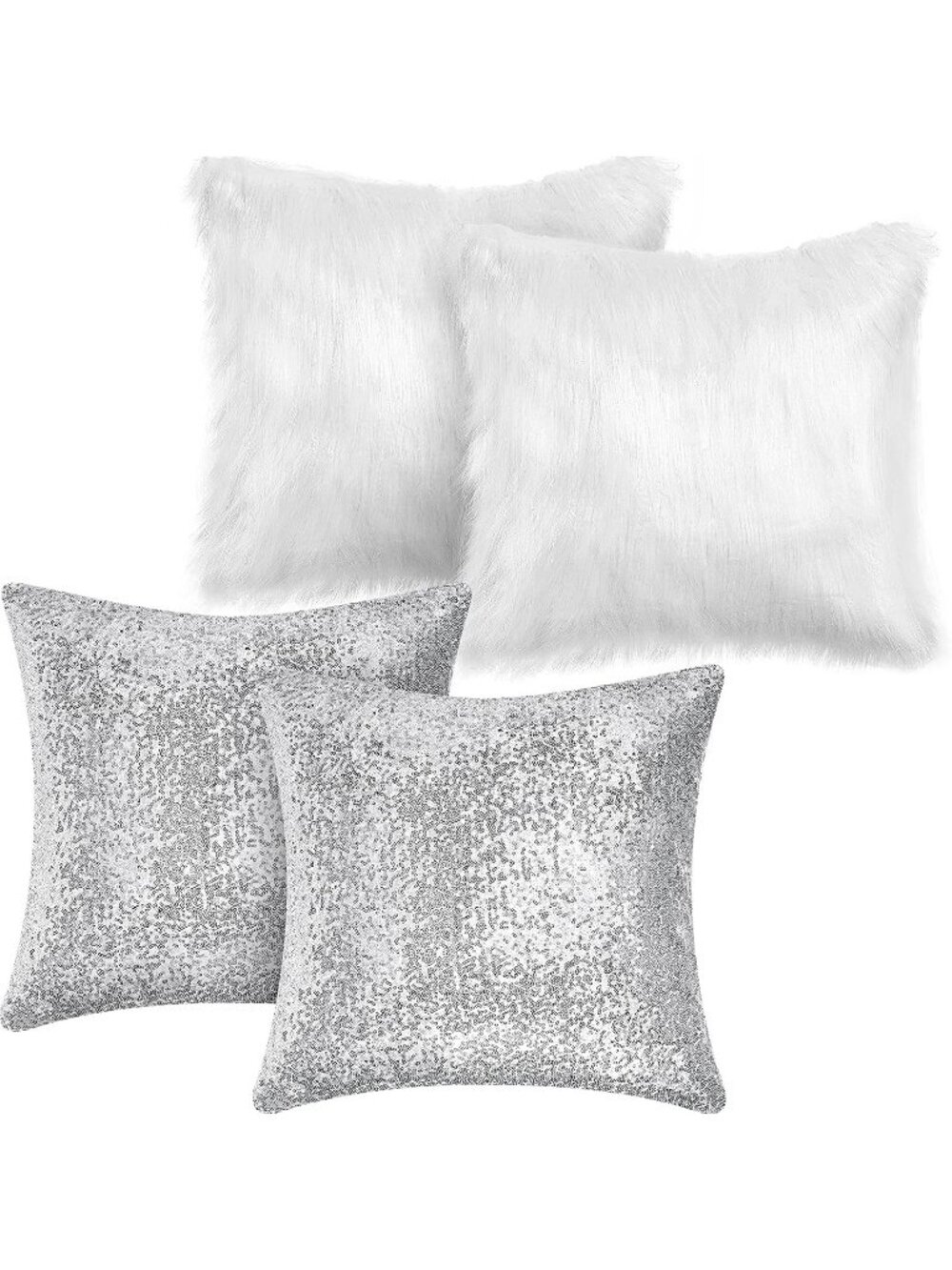 New 4 Sequin Fluffy Pillow,White, Silver,18 x 18 Inch